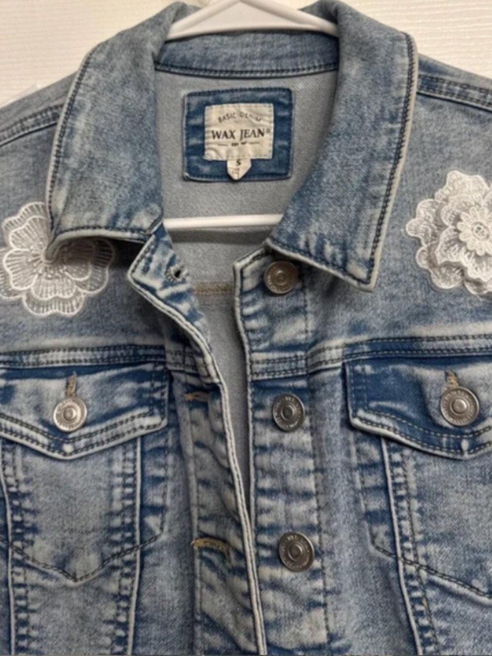 Up-cycled Light Denim Jean Jacket with white lace appliqué